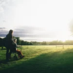 woman pushing elderly woman in a wheelchair outside on the grass during sunset